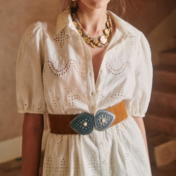 Sezane Cream Eyelet Mini Dress with Belt - Picture 2 of 5